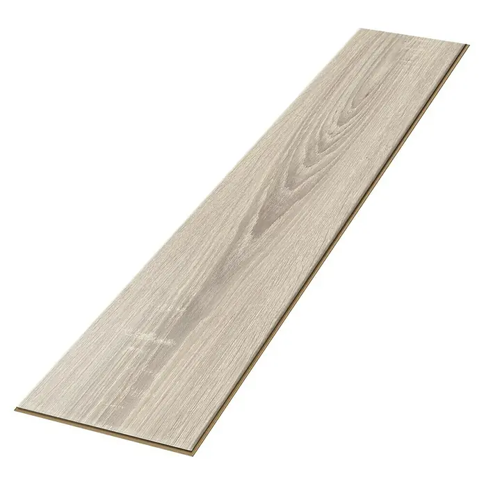Egger Laminat NatureSense Aqua - Toscolano Eiche hell, Landhausdiele, 1.292 x 193 x 8 mm - Detailaufnahme eines hellen Laminatbodens mit Holzmaserung. Das Laminatbrett liegt diagonal auf einem schwarzen und braunen Hintergrund.
