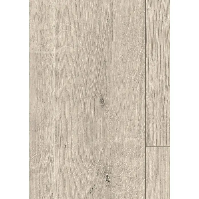 Egger Laminat NatureSense Aqua - Berdal Eiche grau, Landhausdiele, 1.292 x 193 x 8 mm - Nahaufnahme von hellem Laminatboden mit Maserung und Astlöchern, ideal für moderne Innenräume.