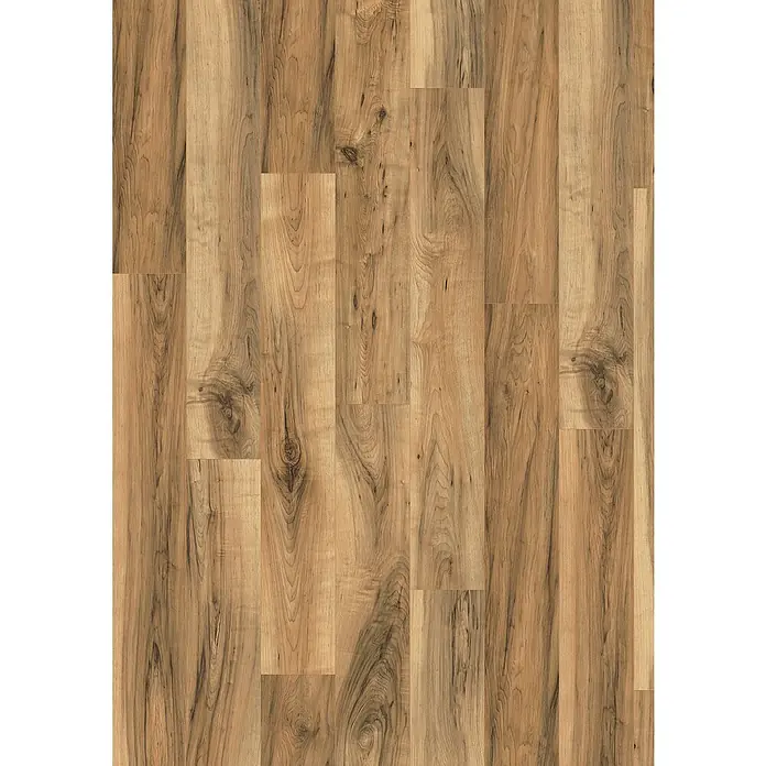 Egger Laminat NatureSense Aqua - Perganti Nussbaum braun, Landhausdiele, 1.292 x 193 x 8 mm - Detailaufnahme eines Holzfußbodens, der die natürliche Maserung und Farbe des Holzes hervorhebt.