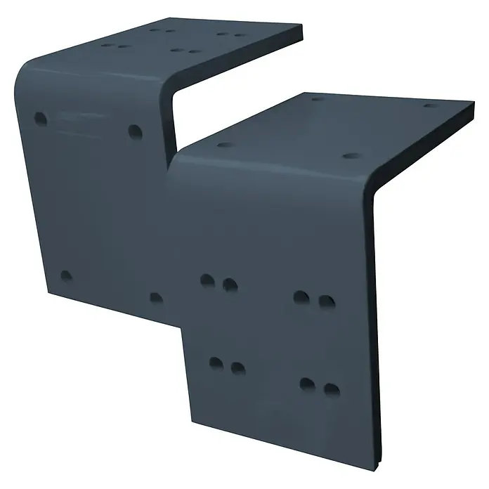 Deckenadapter ALT-ET-DA - 175 x 130 x 175 mm, Anthrazitgrau, Passend für: Sunfun Vollkassettenmarkisen Elba - Abbildung von zwei grauen Winkelverbindern mit Löchern auf schwarzem Hintergrund. Sie sind aus Metall gefertigt und werden für Montagearbeiten verwendet.