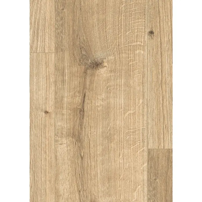 Egger Laminat Aquadura+ - Westport Eiche hell, Landhausdiele, 1.292 x 193 x 7,5 mm - Nahaufnahme eines Laminatbodens mit einer hellbraunen Farbe und einer markanten Holzmaserung, die ein realistisches Aussehen verleiht.