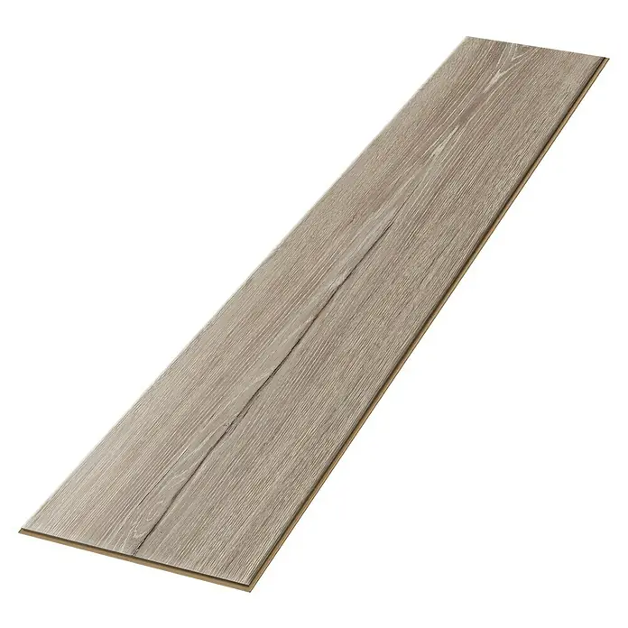 Egger Laminat Aquadura+ - Panora Eiche grau, Landhausdiele, 1.292 x 193 x 7,5 mm - Nahaufnahme einer einzelnen Diele des Laminatbodens im hellen Holzdekor mit einer markanten Maserung und einer authentischen Holzoptik.