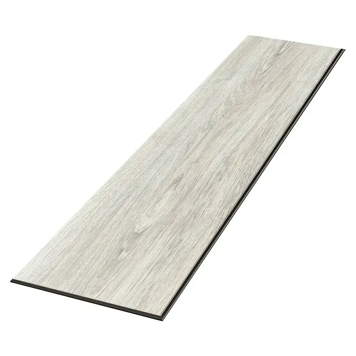 Egger Laminat Aquadura+ - Waltham Eiche weiss, Landhausdiele, 1.292 x 246 x 7,5 mm - Dieses Bild zeigt eine einzelne Vinyl-Diele in hellem Holzdesign, ideal für moderne Innenräume. Die Diele liegt auf einer Oberfläche.
