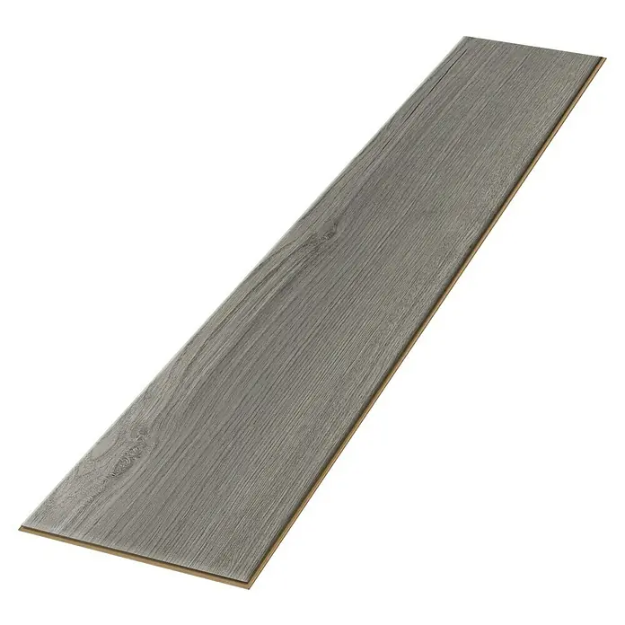 Egger Laminat NatureSense Aqua - Avery Eiche grau, Landhausdiele, 1.292 x 193 x 10 mm - Nahaufnahme eines einzelnen Vinylbodenbelags mit Holzstruktur und einfacher Klickverbindung, ideal für Renovierungen.