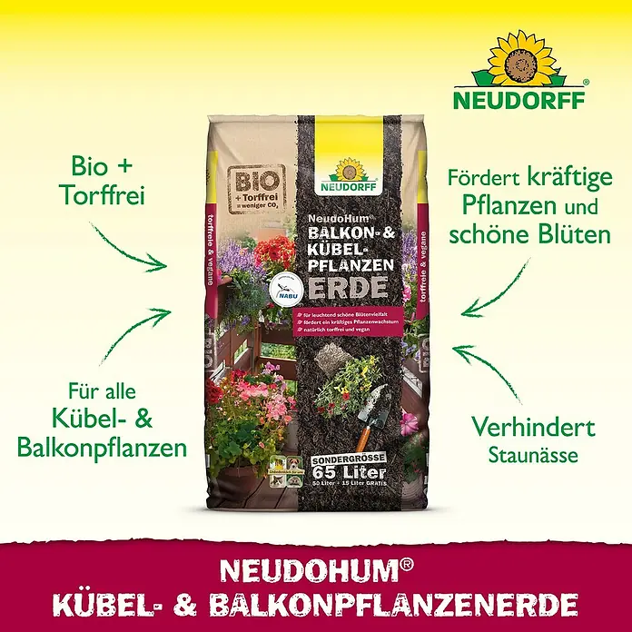 Neudorff NeudoHum Kübelpflanzenerde - 65 l - Neudorff NeudoHum Blumenerde für Balkon- und Kübelpflanzen. Bio und torffrei, fördert kräftige Pflanzen und Blüten.