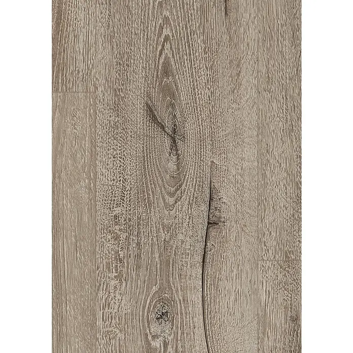 Egger Laminat Aquadura+ - Panora Eiche grau, Landhausdiele, 1.292 x 193 x 7,5 mm - Nahaufnahme eines Vinylbodens mit markanter Holzmaserung und Astlöchern, die eine natürliche und authentische Optik verleihen.