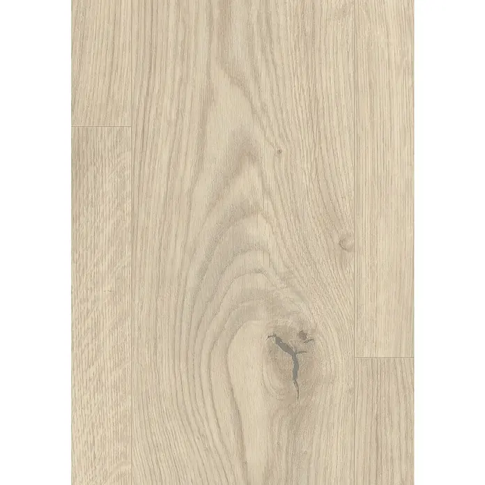 Egger Laminatmuster Aquadura+ - 297 x 193 x 7,5 mm, Landhausdiele, Almington Eiche beige - Nahaufnahme eines hellen Holzfußbodens mit sichtbarer Maserung und einem Astloch.