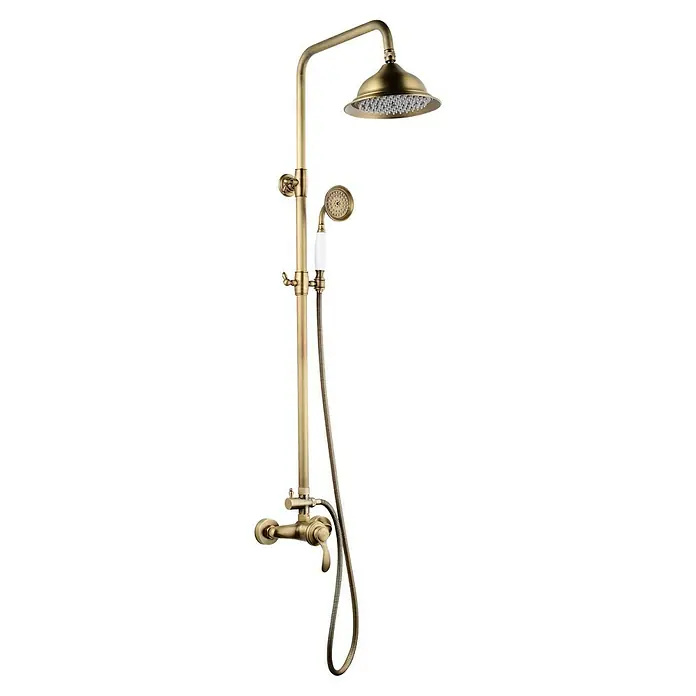 Rousseau Sistema de ducha Byron - Grifo monomando, Distancia entre orificios: 15 cm, Número de tipos de chorro: 1 ud., Bronce antiguo - Conjunto de ducha de latón antiguo con rociador superior y teleducha. Diseño elegante con encanto vintage para una experiencia de ducha lujosa.