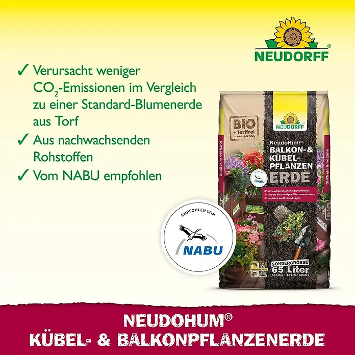 Neudorff NeudoHum Kübelpflanzenerde - 65 l - Neudorff Neudohum Balkon- & Kübel-Pflanzenerde, torffrei, vegan, 65 Liter. Vom NABU empfohlen, umweltschonend aus nachwachsenden Rohstoffen.
