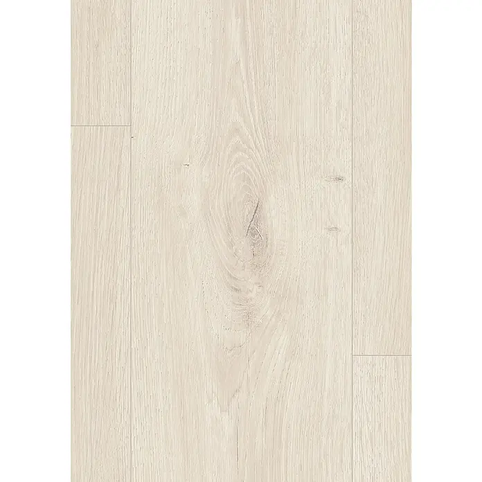 Egger Laminat Aquadura+ - Camden Eiche weiss, Landhausdiele, 1.292 x 193 x 7,5 mm - Nahaufnahme eines hellen Eichenholzfußbodens mit Maserung und Astloch, der die natürliche Schönheit des Holzes hervorhebt.