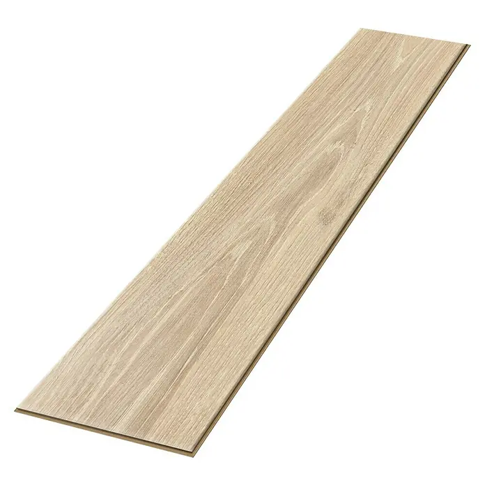 Egger Laminat Aquadura+ - Panora Eiche beige, Landhausdiele, 1.292 x 193 x 7,5 mm - Nahaufnahme einer einzelnen hellbraunen Laminatdiele mit Holzmaserung auf einem schwarzen Hintergrund, ideal für Bodenbeläge.