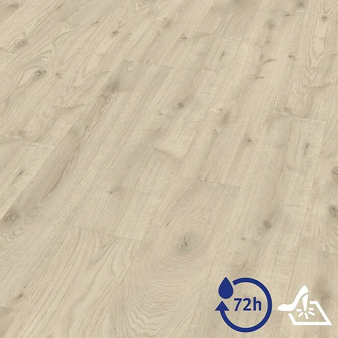 Egger Laminat Aquadura+ - Almington Eiche beige, Landhausdiele, 1.292 x 193 x 7,5 mm - Nahaufnahme des feuchtigkeitsbeständigen Laminatbodens mit Holzmaserung und einer Darstellung von Wasserschutz.