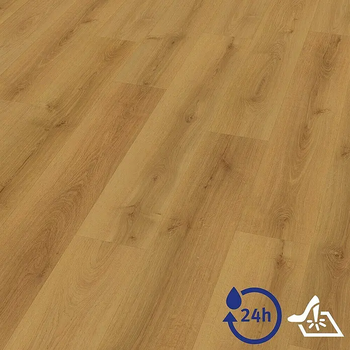 Egger Laminat Aquadura+ - Meran Eiche, Landhausdiele, 1.292 x 193 x 7,5 mm - Detailaufnahme eines Laminatbodens in warmen Holztönen, der wasserabweisend und strapazierfähig ist. Ideal für stark frequentierte Bereiche.