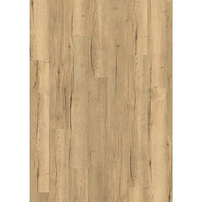 Egger Laminat Aquadura+ - Halifax Eiche natur, Landhausdiele, 1.292 x 193 x 7,5 mm - Foto von hellem, rustikalem Holzboden mit markanten Maserungen und dunklen Rissen, ideal für ein warmes, natürliches Raumdesign.