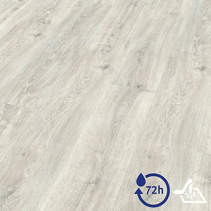 Egger Laminat Aquadura+ - Waltham Eiche weiss, Landhausdiele, 1.292 x 246 x 7,5 mm - Ein helles Laminatbodenmuster mit einer wasserabweisenden Beschichtung, die bis zu 72 Stunden Schutz bietet und besonders strapazierfähig ist.