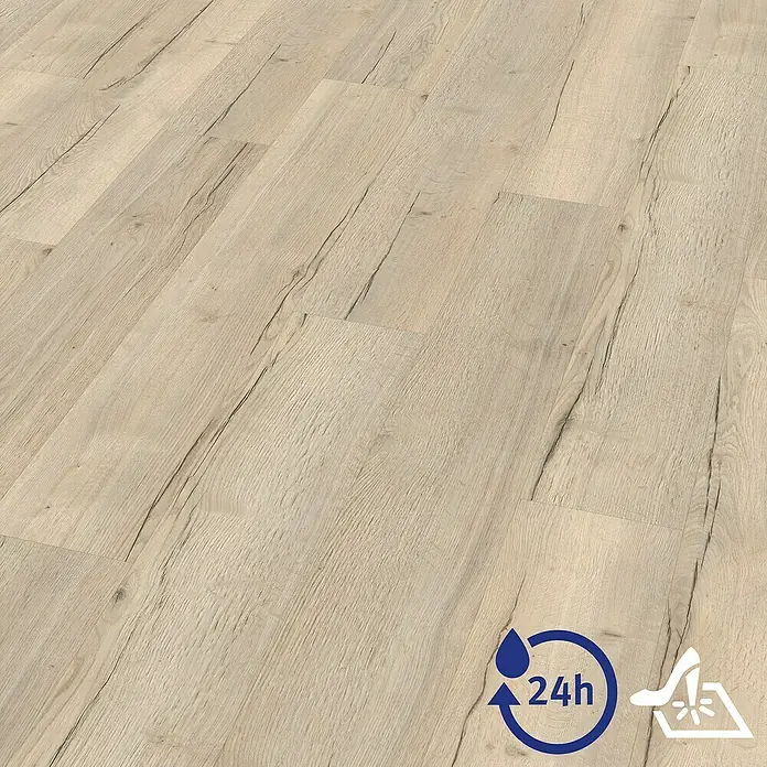 Egger Laminat Aquadura+ - Halifax Eiche weiss, Landhausdiele, 1.292 x 193 x 7,5 mm - Abbildung eines hellen Holzfußbodens mit der Kennzeichnung wasserabweisend und trittschalldämmend für ein angenehmes Wohngefühl.