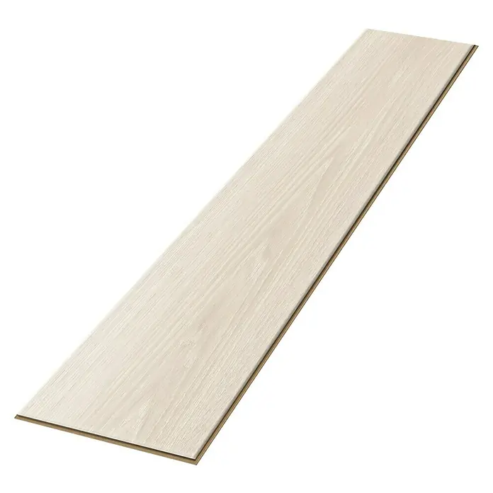 Egger Laminat Aquadura+ - Camden Eiche weiss, Landhausdiele, 1.292 x 193 x 7,5 mm - Nahaufnahme einer einzelnen hellen Holzdiele, die die Textur und Farbe des Produkts hervorhebt. Ideal zur Illustration von Bodenbelägen.