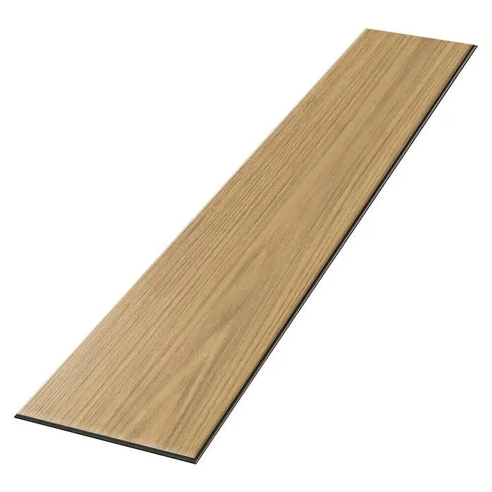 Egger Laminat Aquadura+ - Berdal Eiche natur, Landhausdiele, 1.292 x 193 x 7,5 mm - Das Bild zeigt ein einzelnes Vinyl-Bodenpaneel in heller Holzoptik, das auf einer dunklen, gerippten Oberfläche liegt. Es ist ein robustes und modernes Design.