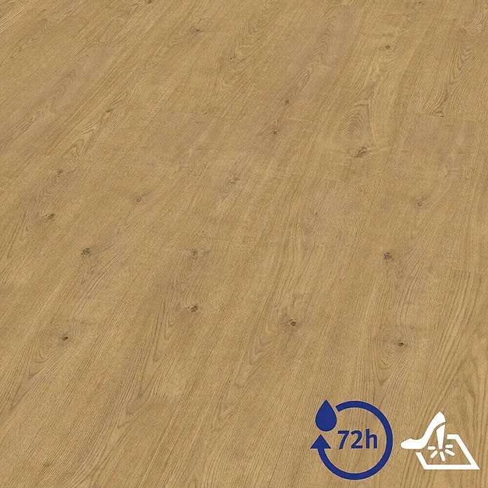 Egger Laminat Aquadura+ - Berdal Eiche natur, Landhausdiele, 1.292 x 193 x 7,5 mm - Abbildung eines Laminatbodens in Holzoptik, der wasserabweisend ist und eine hohe Strapazierfähigkeit aufweist.