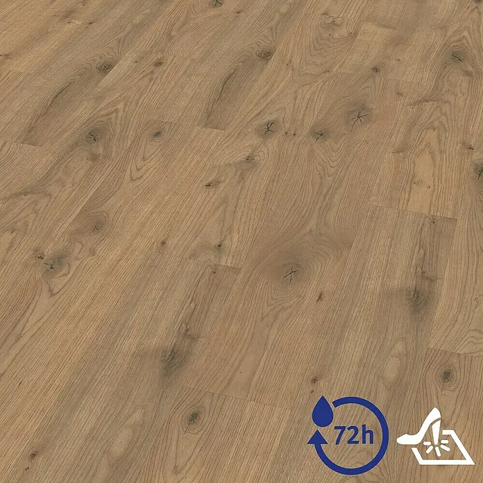 Egger Laminat Aquadura+ - Almington Eiche natur, Landhausdiele, 1.292 x 193 x 7,5 mm - Ein Bild von Laminatboden in Holzoptik, der sowohl wasserabweisend als auch widerstandsfähig gegen Abnutzung ist.