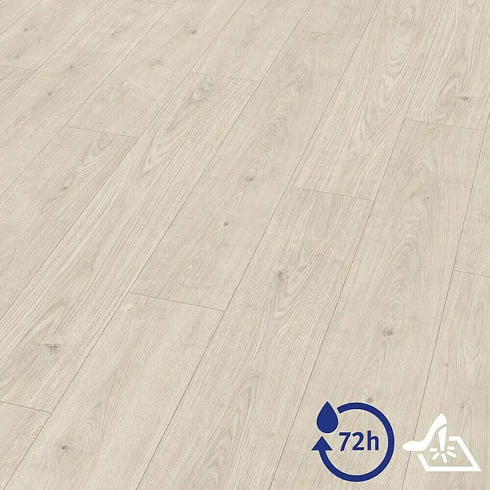 Egger Laminat Aquadura+ - Berdal Eiche weiss, Landhausdiele, 1.292 x 193 x 7,5 mm - Bild eines hellen Laminatbodens, der wasserabweisend ist und eine hohe Abriebfestigkeit aufweist, ideal für stark frequentierte Bereiche.