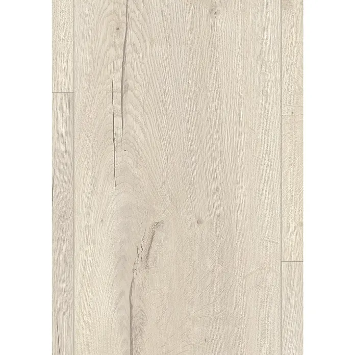 Egger Laminatmuster Aquadura+ - 297 x 246 x 7,5 mm, Landhausdiele, Halifax Eiche creme - Nahaufnahme von hellem Holzlaminatboden mit Maserung und Astlöchern für ein natürliches und modernes Wohnambiente.