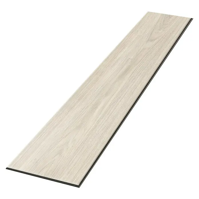 Egger Laminat Aquadura+ - Berdal Eiche weiss, Landhausdiele, 1.292 x 193 x 7,5 mm - Helles Laminatpaneel mit Holzmaserung, das auf einem schwarzen Hintergrund mit horizontalen Linien liegt. Das Paneel ist länglich und rechteckig.
