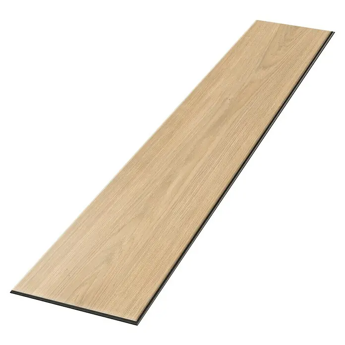 Egger Laminat Aquadura+ - Berdal Eiche hellbraun, Landhausdiele, 1.292 x 193 x 7,5 mm - Ein einzelnes Stück Laminatboden in hellem Holzdesign, das seine natürliche Maserung und Farbe zeigt, liegt auf einem Untergrund.