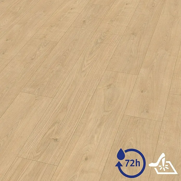 Egger Laminat Aquadura+ - Berdal Eiche hellbraun, Landhausdiele, 1.292 x 193 x 7,5 mm - Helles Laminat mit Holzmaserung. Ideal für Wohnbereiche, wasserabweisend bis zu 72 Stunden und widerstandsfähig gegen Abnutzung.