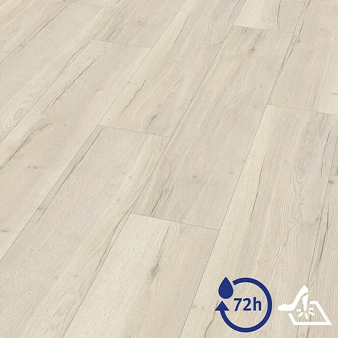 Egger Laminat Aquadura+ - Halifax Eiche creme, Landhausdiele, 1.292 x 246 x 7,5 mm - Abbildung eines hellen Laminatbodens mit Wasserbeständigkeitssymbol.