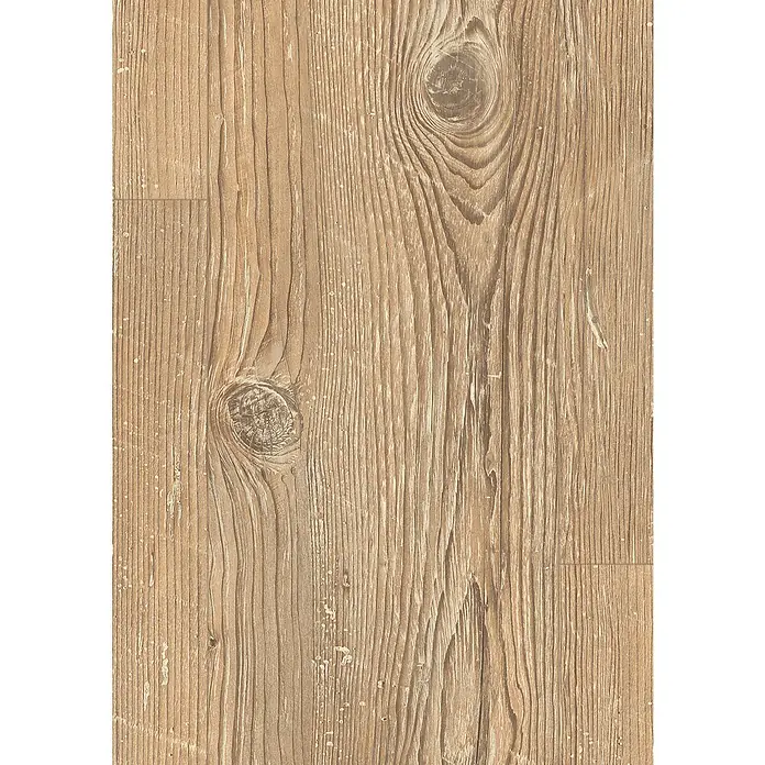 Egger Laminat Aquadura+ - Morella Fichte vintage, Landhausdiele, 1.292 x 193 x 7,5 mm - Nahaufnahme eines Paneels aus hellem Holz mit Ästen und Maserung, ideal für rustikale Innenräume.