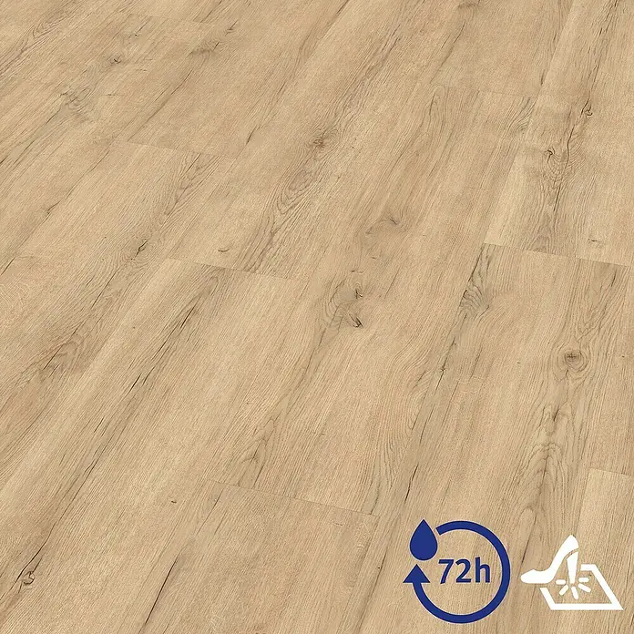 Egger Laminat Aquadura+ - Savona Eiche sand, Landhausdiele, 1.292 x 246 x 7,5 mm - Nahaufnahme eines hellen Laminatbodens mit wasserabweisenden Eigenschaften für bis zu 72 Stunden.