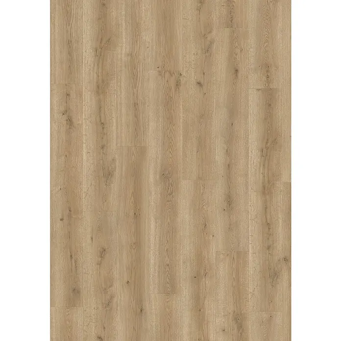 Egger Laminat Aquadura+ - Messina Eiche natur, Landhausdiele, 1.292 x 193 x 7,5 mm - Nahaufnahme eines Laminatbodens mit einem hellbraunen Farbton und einer ausgeprägten Holzmaserung für ein natürliches Aussehen.