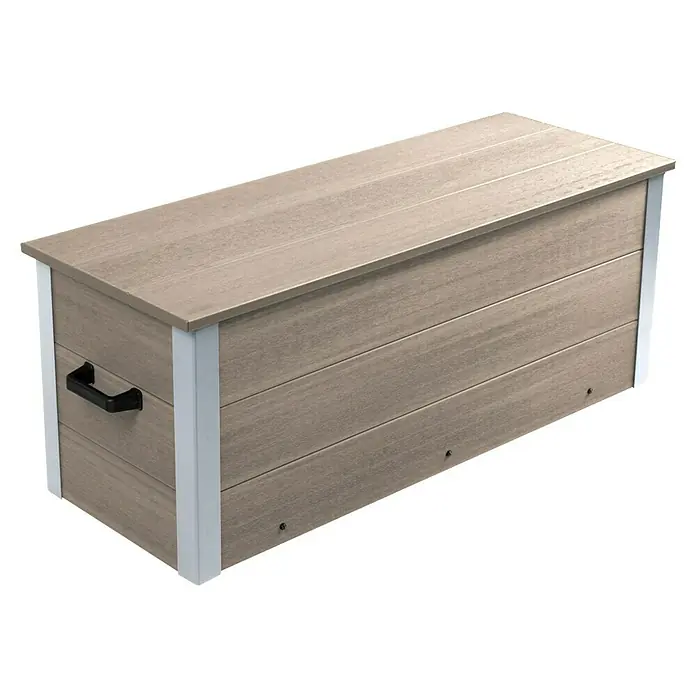 Dobar Garten-Aufbewahrungsbox - L x B x H: 115 x 45 x 86 cm, Silbergrau, Verbundwerkstoff - Helle Outdoor-Aufbewahrungsbox in Holzoptik mit weißem Rahmen und schwarzem Griff.