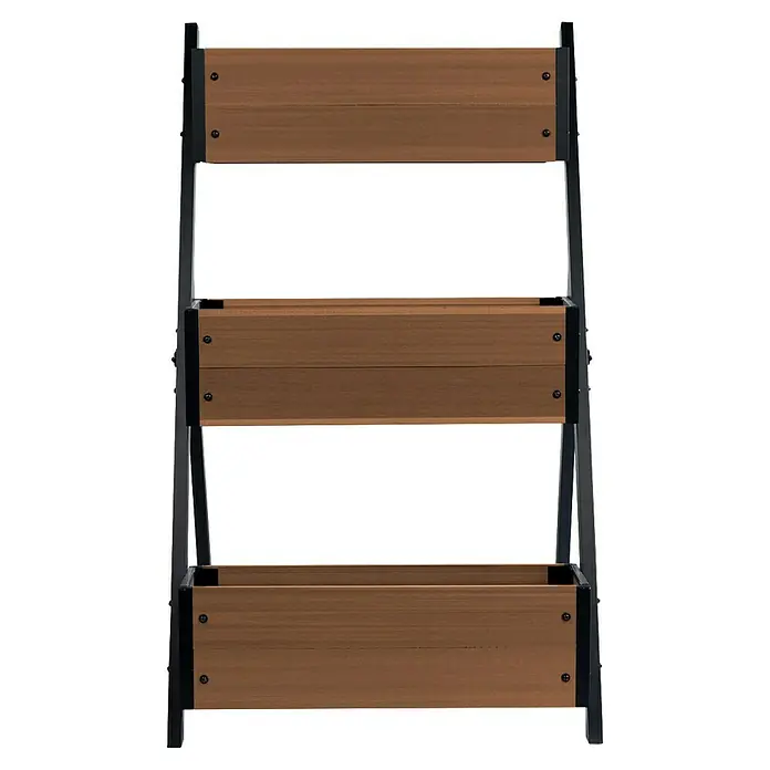 Dobar Pflanzkasten - 91 x 50 x 60 cm, Verbundwerkstoff, Teak - Dreistufiger Pflanzkastenständer aus braunem Holz mit schwarzem Metallrahmen.