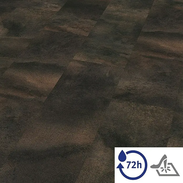 Egger Laminat Aquadura+ - Titanit anthrazit, 1.292 x 327 x 7,5 mm - Nahaufnahme von wasserabweisendem Vinylboden in dunklen Erdtönen, ideal für stark frequentierte Bereiche.