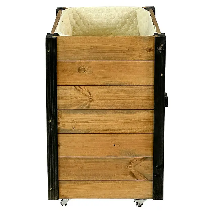 Dobar Hochbeet rollbarer Gartenschrank - 60 x 39 x 62 cm, Holz, Braun/Schwarz - Pflanzkasten aus Holz auf Rollen mit hellbraunen horizontalen Brettern, dunklen Stützen und isolierender Einlage.