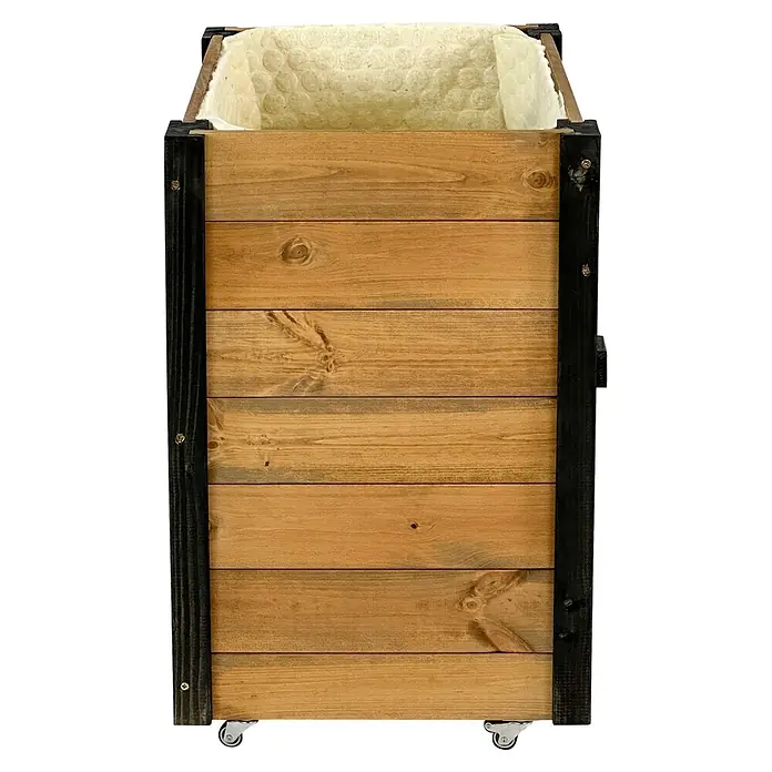 Dobar Hochbeet rollbarer Gartenschrank - 60 x 39 x 62 cm, Holz, Braun/Schwarz - Pflanzkasten aus Holz auf Rollen mit hellbraunen horizontalen Brettern, dunklen Stützen und isolierender Einlage.