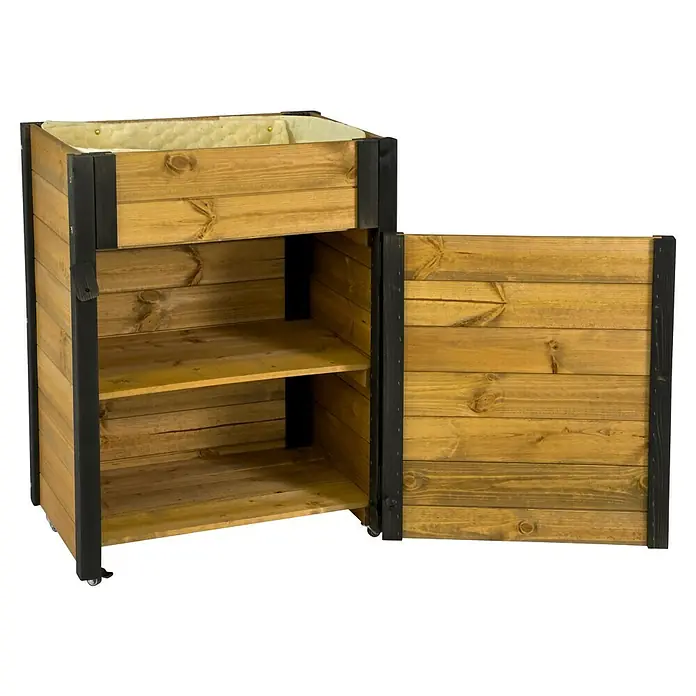 Dobar Hochbeet rollbarer Gartenschrank - 60 x 39 x 80 cm, Holz, Braun/Schwarz - Hölzerner Pflanzkasten mit dunklem Rahmen, integriertem Schrank mit offener Tür und Regal, auf Rollen.