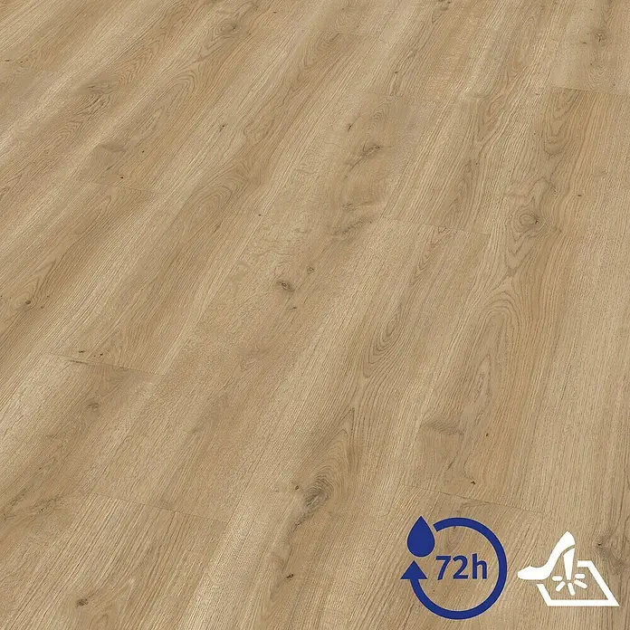 Egger Laminat Aquadura+ - Messina Eiche natur, Landhausdiele, 1.292 x 193 x 7,5 mm - Bild eines hellen Laminatbodens mit einer wasserabweisenden Beschichtung, ideal für stark frequentierte Bereiche.