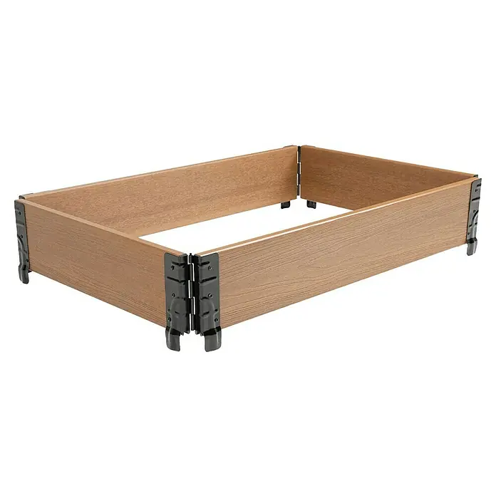 Dobar Hochbeetumrandung - L x B x H: 90 x 60 x 15 cm, WPC, Braun - Rechteckiges hellbraunes Hochbeetgestell in Holzoptik mit schwarzen Scharnier-Eckverbindern.