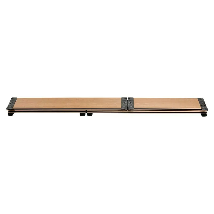 Dobar Hochbeetumrandung - L x B x H: 90 x 60 x 15 cm, WPC, Braun - Klappbarer hellbrauner Holzlattenrost mit dunklen Metallendkappen und Mittelgelenk, wahrscheinlich für ein Bettgestell.
