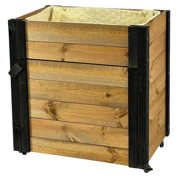 Dobar Hochbeet rollbarer Gartenschrank - 60 x 39 x 62 cm, Holz, Braun/Schwarz - Hölzernes Pflanzgefäß mit hellen Holzleisten, dunklen Eckpfosten, Rollen und schützender Innenverkleidung.