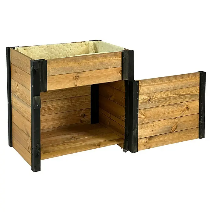Dobar Hochbeet rollbarer Gartenschrank - 60 x 39 x 62 cm, Holz, Braun/Schwarz - Hölzernes Hochbeet mit schwarzen Akzenten und Steppfolie, mit einem angebauten, rollbaren Teil.