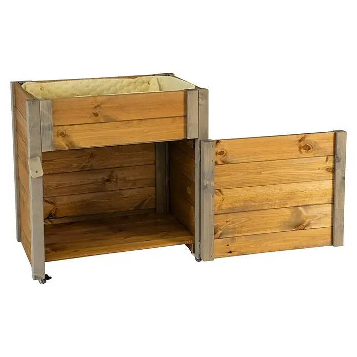Dobar Hochbeet rollbarer Gartenschrank - 60 x 39 x 62 cm, Holz, Braun - Pflanzkasten aus Holz mit offenem Unterschrank, heller Stoffauskleidung und Rollen.