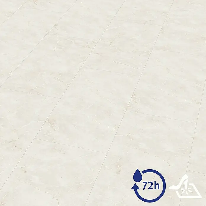 Egger Laminat Aquadura+ - Cremona Marmor, 1.292 x 327 x 7,5 mm - Eine Nahaufnahme eines beigen Bodenbelags mit Marmoroptik, der wasserabweisend und leicht zu reinigen ist. Erhältlich in verschiedenen Größen.
