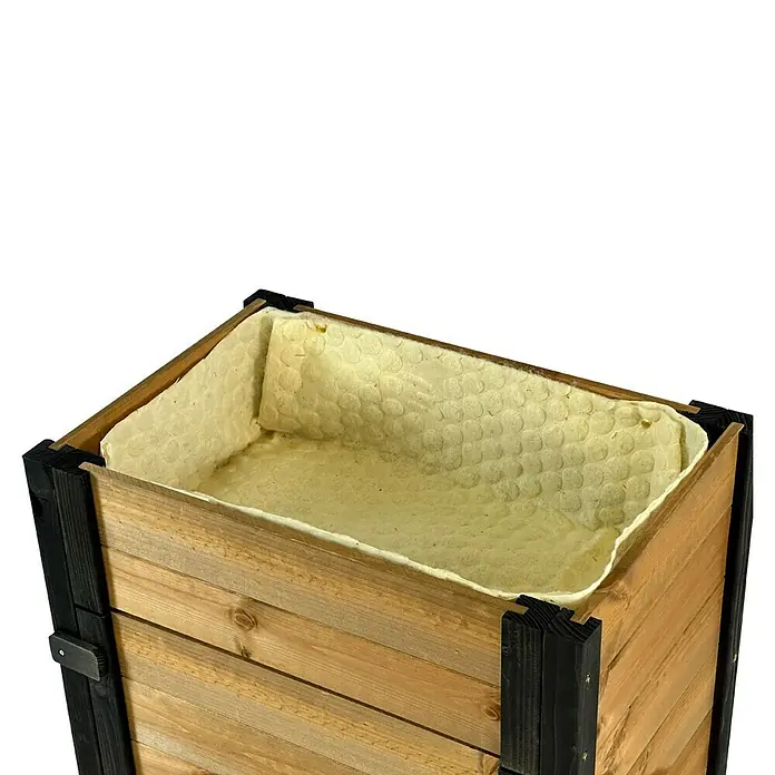 Dobar Hochbeet rollbarer Gartenschrank - 60 x 39 x 80 cm, Holz, Braun/Schwarz - Nahaufnahme eines rechteckigen Hochbeets aus Holz mit schwarzem Rahmen und beiger Innenauskleidung. Ideal für Garten und Terrasse.