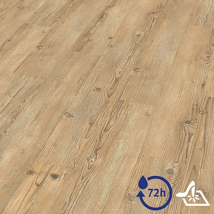 Egger Laminat Aquadura+ - Morella Fichte vintage, Landhausdiele, 1.292 x 193 x 7,5 mm - Ein warmes, einladendes Laminatbodenmuster in Holzoptik mit hellbraunen Farbtönen und charakteristischen Astlöchern für ein natürliches Aussehen.
