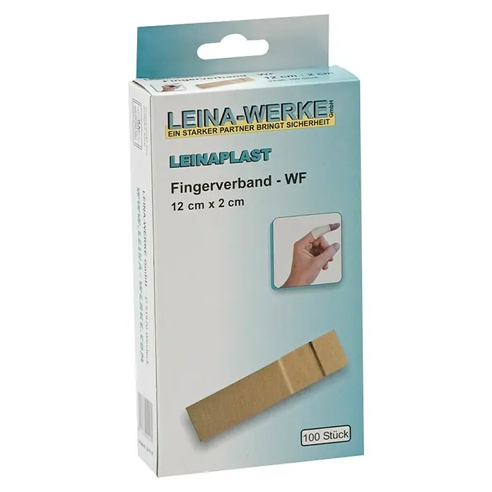 Leina-Werke Fingerverband - 100 Stk., 12 x 2 cm, Wasserfest - Packung LEINA-WERKE LEINAPLAST Fingerverbände, 12 cm x 2 cm, mit einem Bild eines einzelnen Verbandes und der Aufschrift "100 Stück".