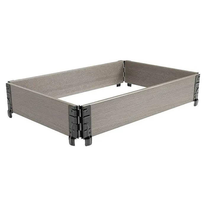 Dobar Hochbeetumrandung - L x B x H: 90 x 60 x 15 cm, WPC, Silbergrau - Rechteckiger hellgrauer Hochbeetrahmen in Holzoptik mit dunkelgrauen Metalleckverbindern.